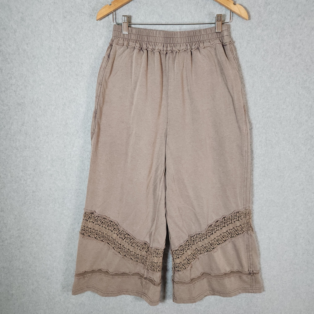 Oli & Hali Wide Leg Brown Cropped Pants Lace Trim High Waist Boho Sweatpants M